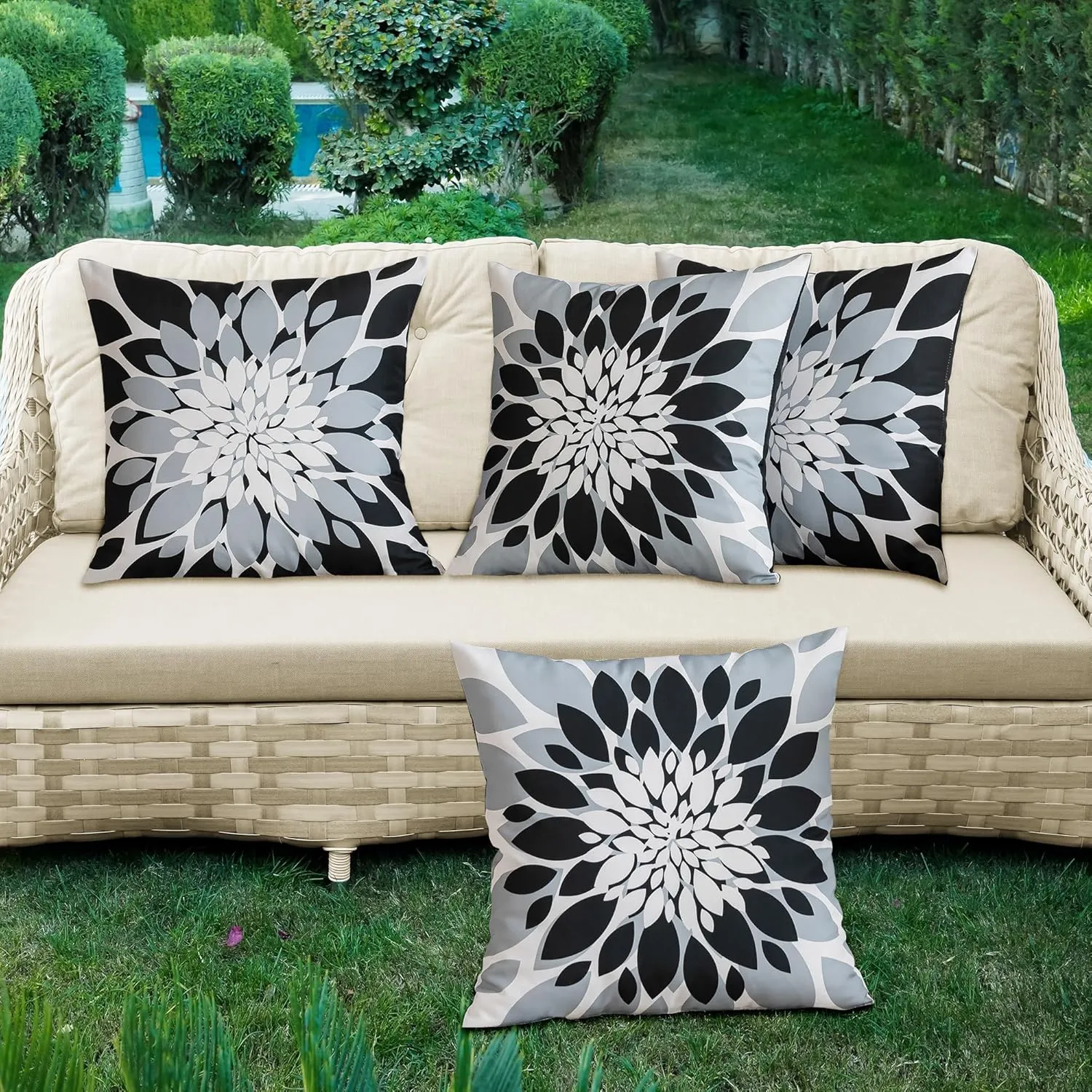 Qahing Pack of 4 Outdoor Waterproof Pillow Covers 16x16 Decorative Outdoor Throw Pillows Garden Square Cushion Cases for Patio Furniture, Couch, Tent Sunbrella, Bench, Black Grey
