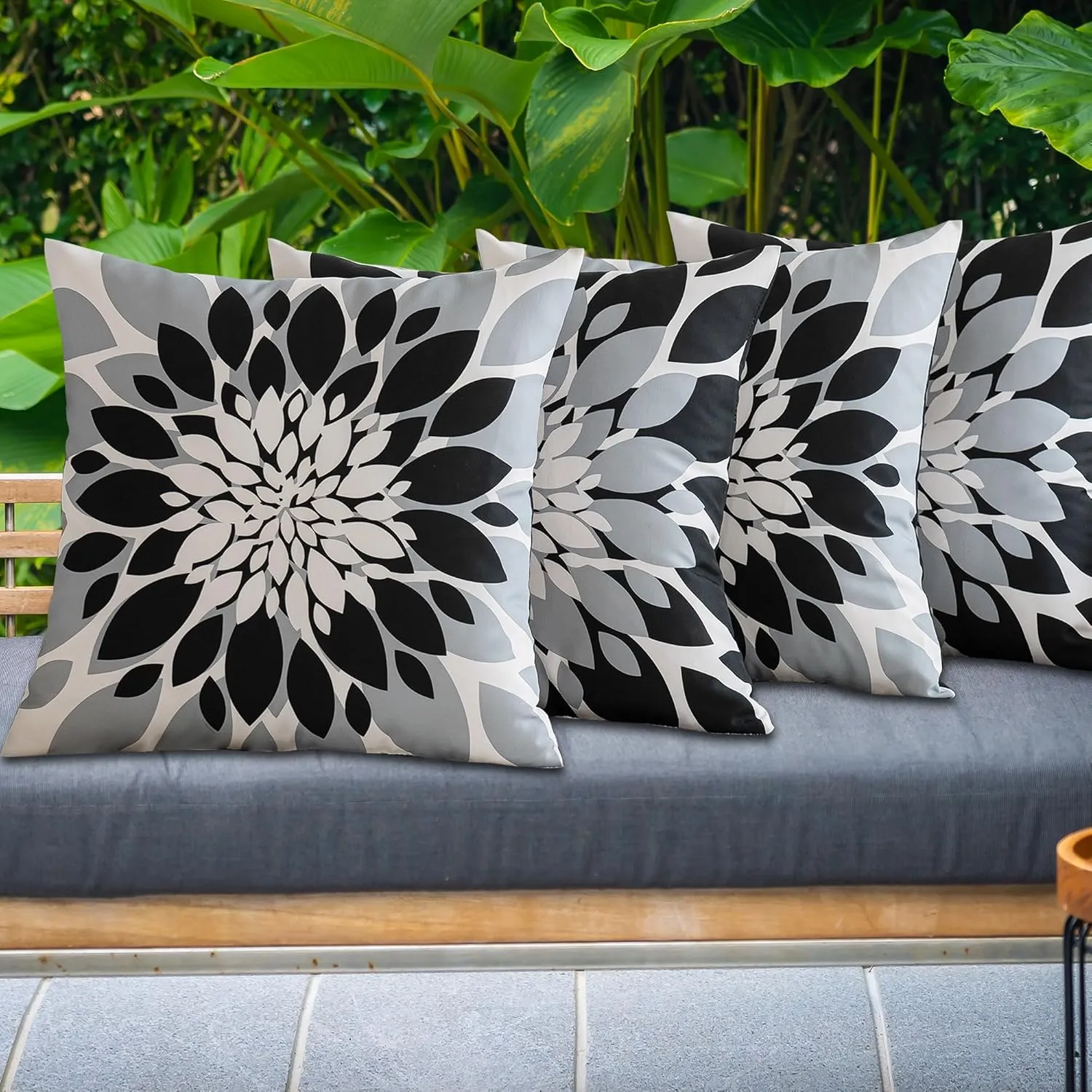 Qahing Pack of 4 Outdoor Waterproof Pillow Covers 16x16 Decorative Outdoor Throw Pillows Garden Square Cushion Cases for Patio Furniture, Couch, Tent Sunbrella, Bench, Black Grey