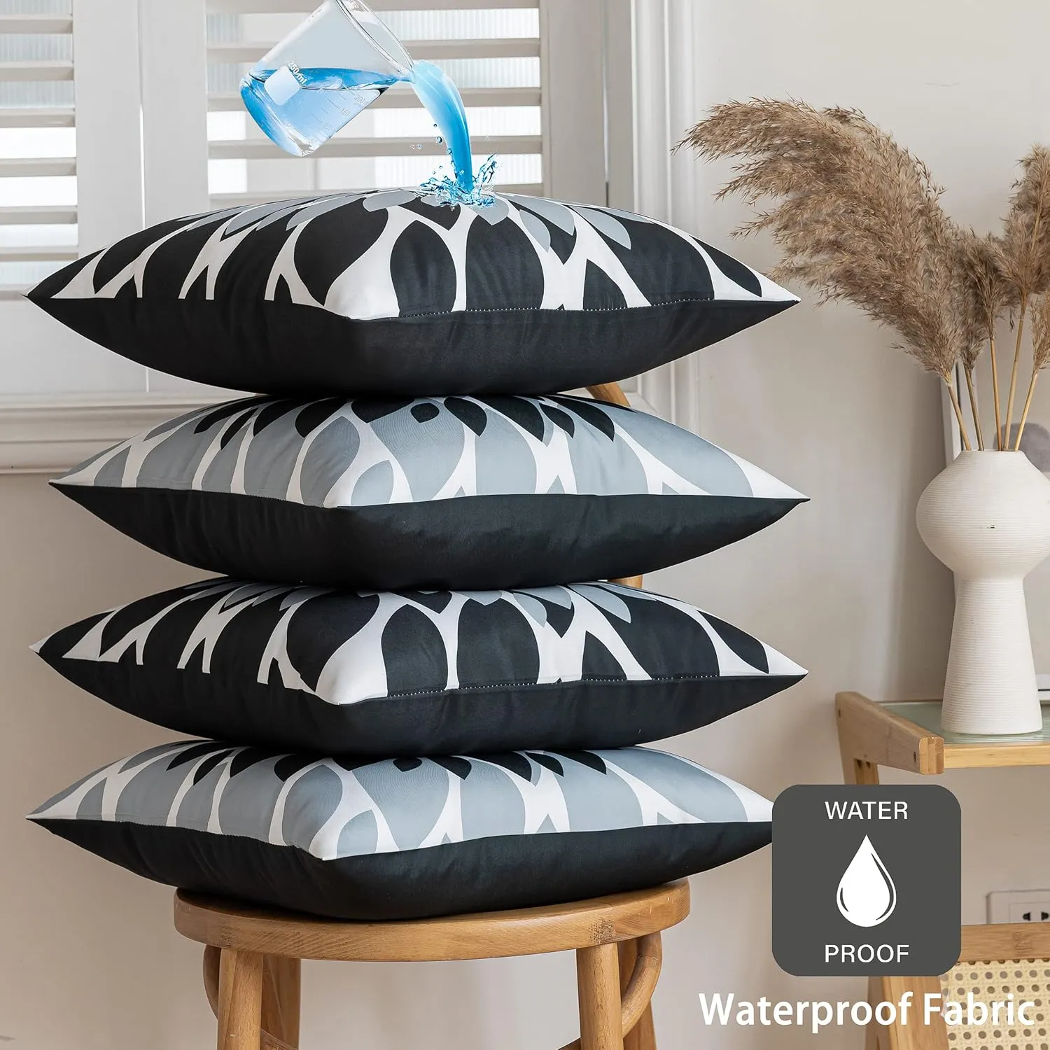 Qahing Pack of 4 Outdoor Waterproof Pillow Covers 16x16 Decorative Outdoor Throw Pillows Garden Square Cushion Cases for Patio Furniture, Couch, Tent Sunbrella, Bench, Black Grey