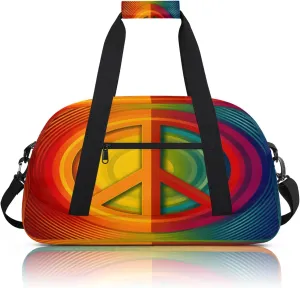 Rainbow Hippie Peace Symbol Small Gym Bag 18 inch Carry On Duffel Bag for Weekender Travel Sports Workout Yoga Gymnastics Dance Ballet