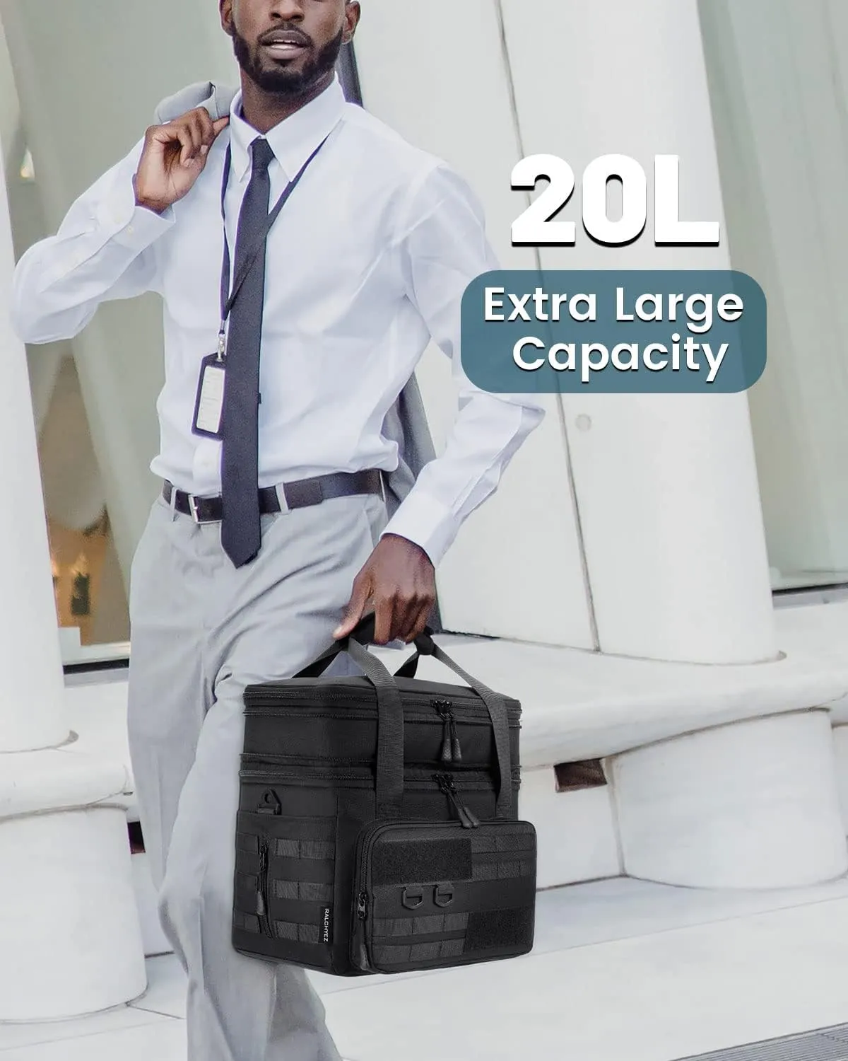 RalChyez Tactical Lunch Bag, 20L Large Heavy Duty Double Deck Insulated Lunch Box Leakproof Expandable Tote Cooler with Shoulder Strap for Adult Men Women Work Fishing Picnic Travel Black