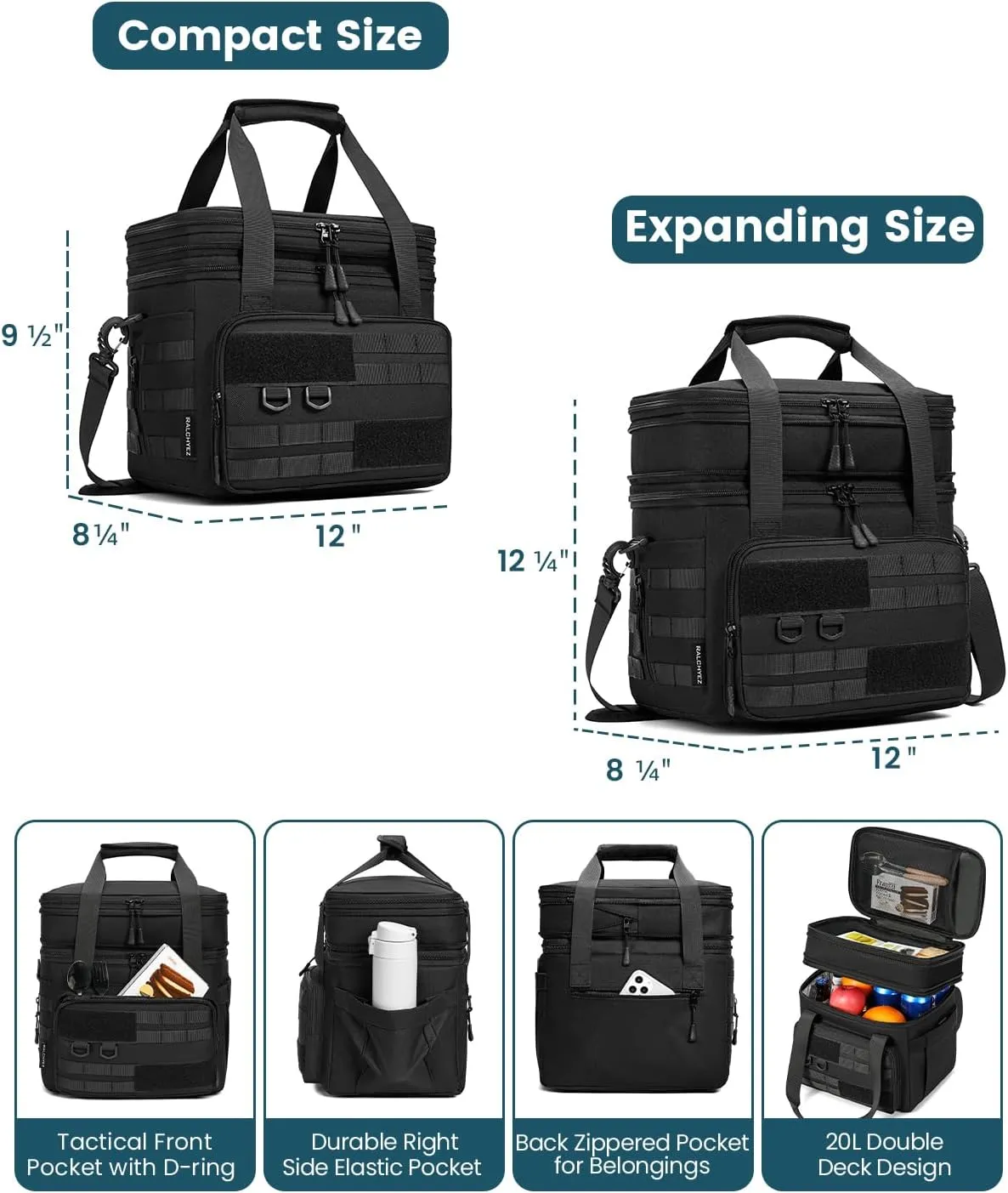 RalChyez Tactical Lunch Bag, 20L Large Heavy Duty Double Deck Insulated Lunch Box Leakproof Expandable Tote Cooler with Shoulder Strap for Adult Men Women Work Fishing Picnic Travel Black