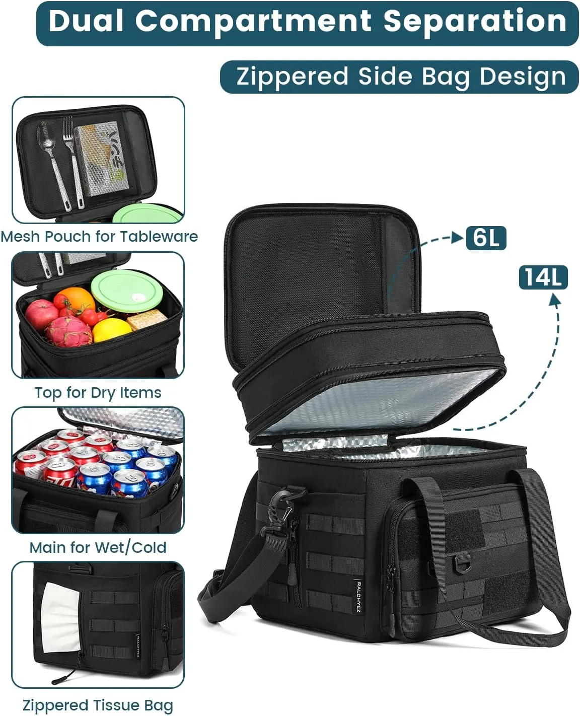 RalChyez Tactical Lunch Bag, 20L Large Heavy Duty Double Deck Insulated Lunch Box Leakproof Expandable Tote Cooler with Shoulder Strap for Adult Men Women Work Fishing Picnic Travel Black
