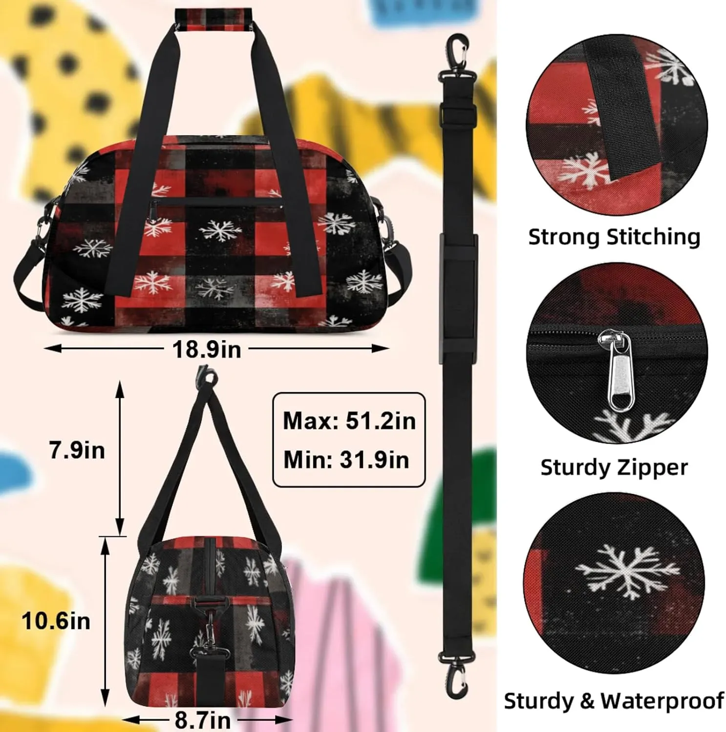 Red Buffalo Plaid Small Gym Bag 18 inch Carry On Duffel Bag for Weekender Travel Sports Workout Yoga Gymnastics Dance Ballet