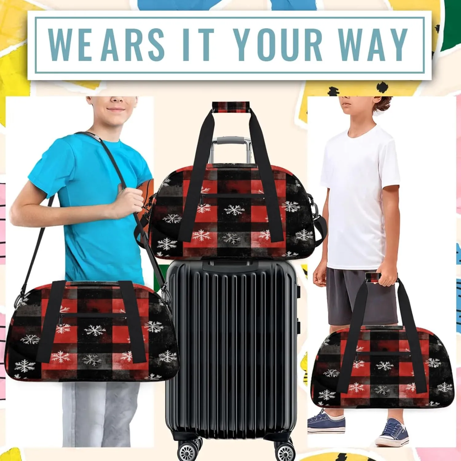 Red Buffalo Plaid Small Gym Bag 18 inch Carry On Duffel Bag for Weekender Travel Sports Workout Yoga Gymnastics Dance Ballet