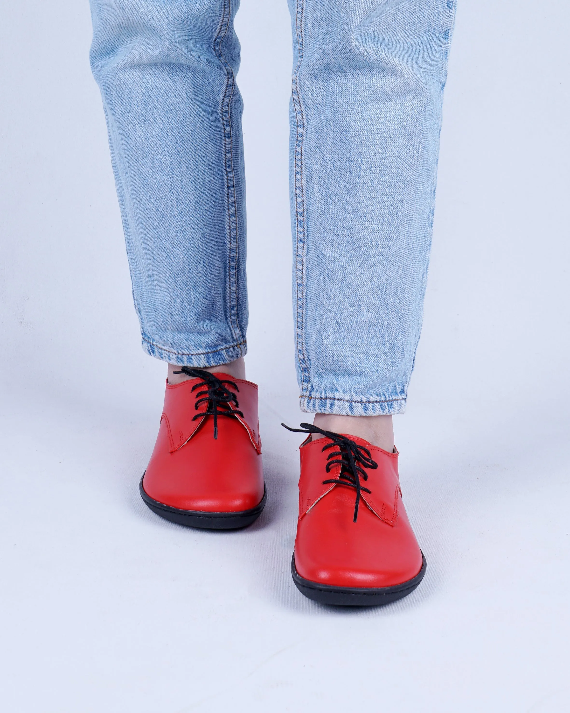 Red Oxford Wide Barefoot Shoes Smooth Leather Handmade 6mm Rubber Outsole