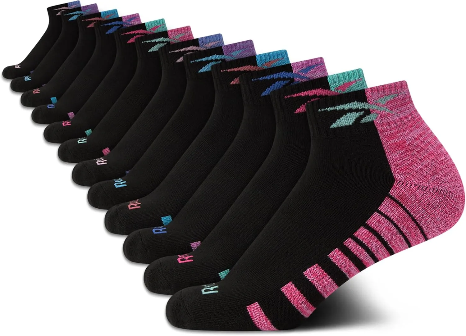 Reebok Girls' Quarter Socks - 12 Pack Stretch Performance Quarter Cut Arch Support Socks - Cushioned Athletic Socks for Girls