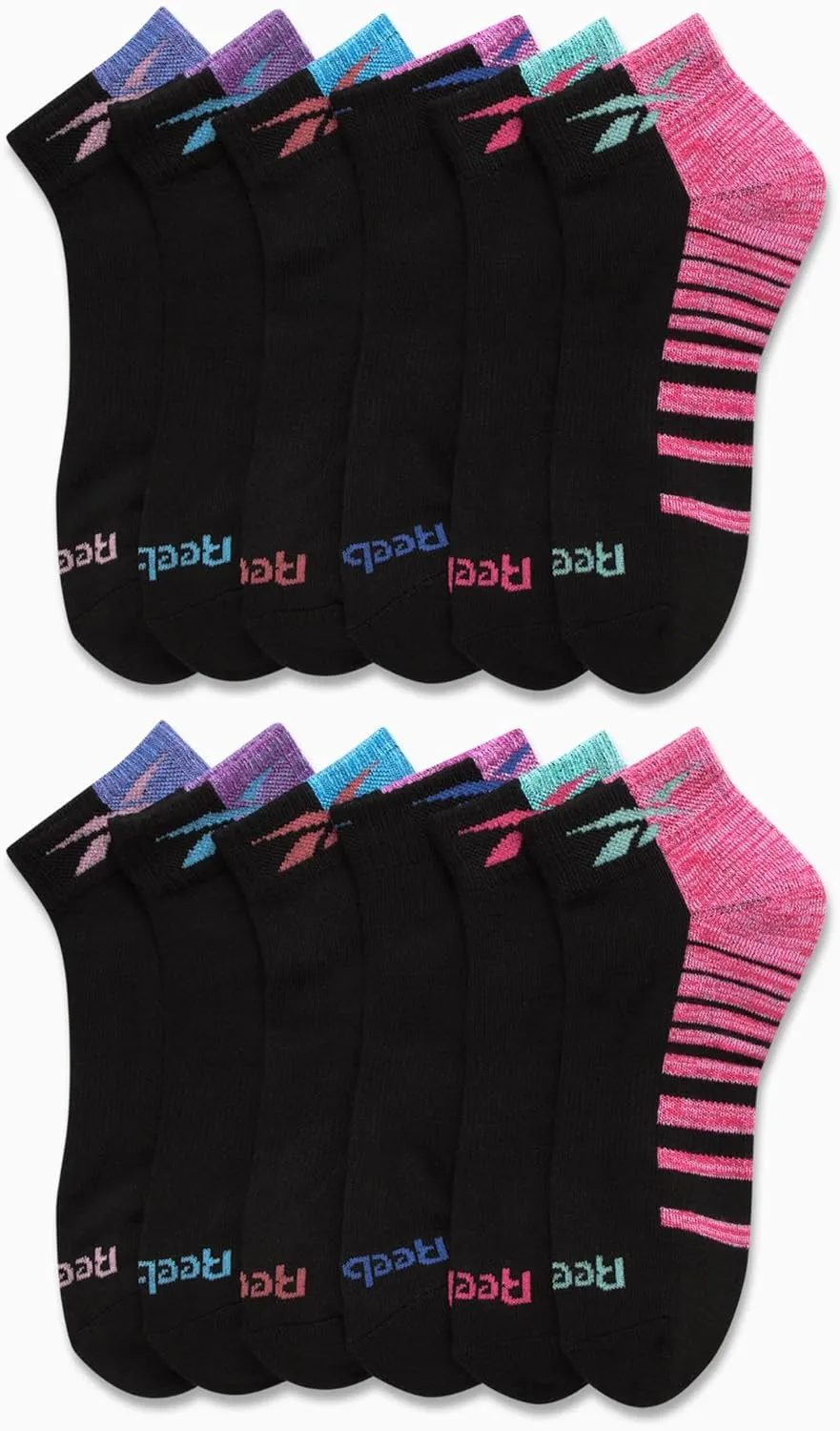 Reebok Girls' Quarter Socks - 12 Pack Stretch Performance Quarter Cut Arch Support Socks - Cushioned Athletic Socks for Girls
