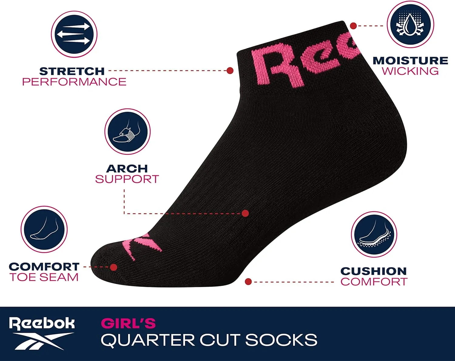 Reebok Girls' Quarter Socks - 6 Pack Moisture-Wicking Low Cut Athletic Ankle Socks for Girls (Sizes: S-L)