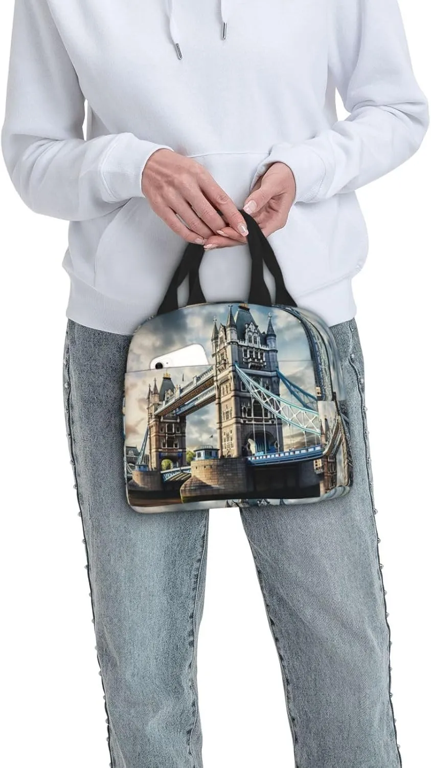 Reusable Insulated Lunch Bag Cooler Tote Box Meal Prep For Men & Women Work Picnic Or Travel,Historic Old Tower Bridge London Print