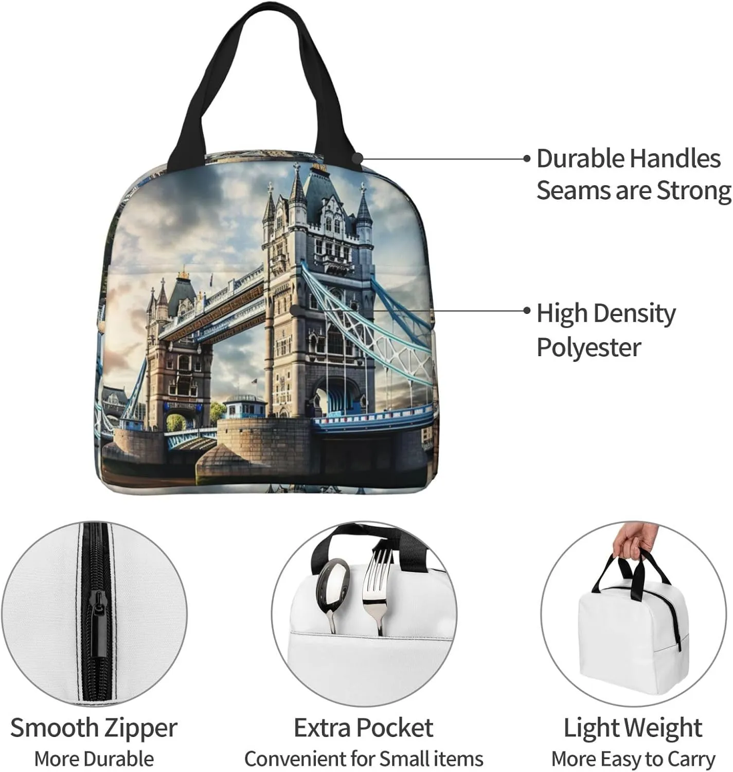 Reusable Insulated Lunch Bag Cooler Tote Box Meal Prep For Men & Women Work Picnic Or Travel,Historic Old Tower Bridge London Print