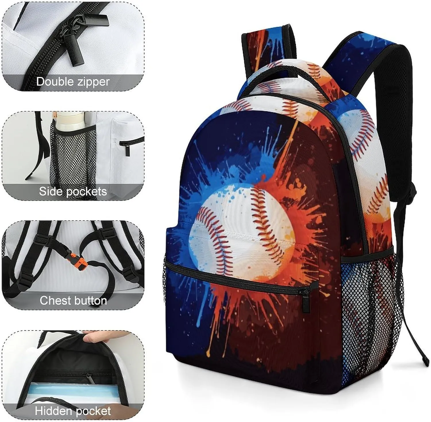 Rucksack Backpack Travel Sport Baseball Print Pattern School Bookbags Double Shoulder Bag for Mens Boys Kids