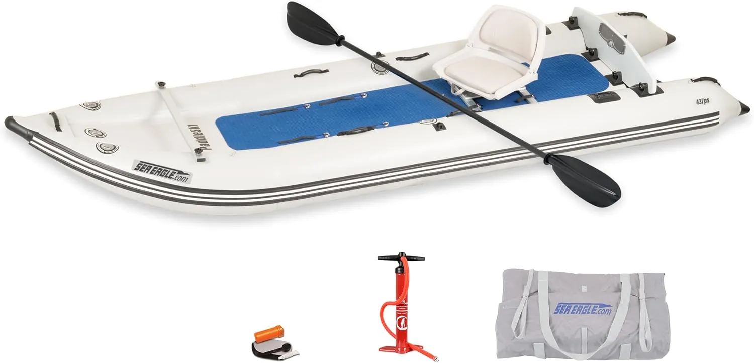 Sea Eagle 437ps PaddleSki Inflatable 1-2 Person Catamaran Boat – Paddle, Motor, Fish, or Sail – 4-in-1 Inflatable Watercraft – Self Bailing