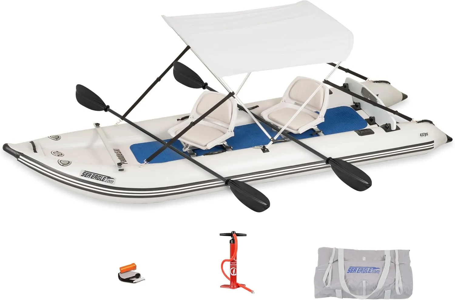 Sea Eagle 437ps PaddleSki Inflatable 1-2 Person Catamaran Boat – Paddle, Motor, Fish, or Sail – 4-in-1 Inflatable Watercraft – Self Bailing