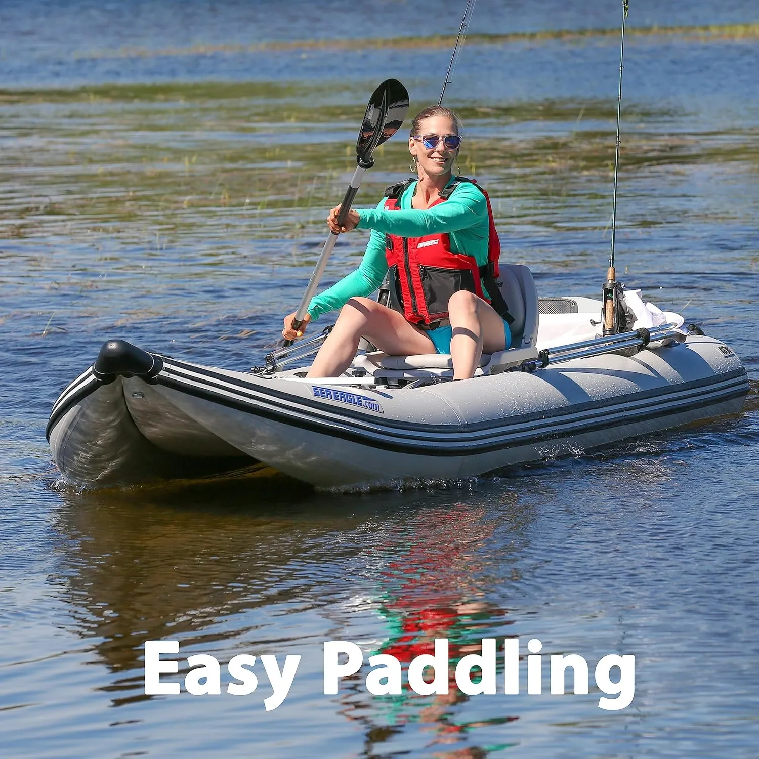 Sea Eagle 437ps PaddleSki Inflatable 1-2 Person Catamaran Boat – Paddle, Motor, Fish, or Sail – 4-in-1 Inflatable Watercraft – Self Bailing