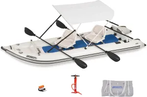 Sea Eagle 437ps PaddleSki Inflatable 1-2 Person Catamaran Boat – Paddle, Motor, Fish, or Sail – 4-in-1 Inflatable Watercraft – Self Bailing