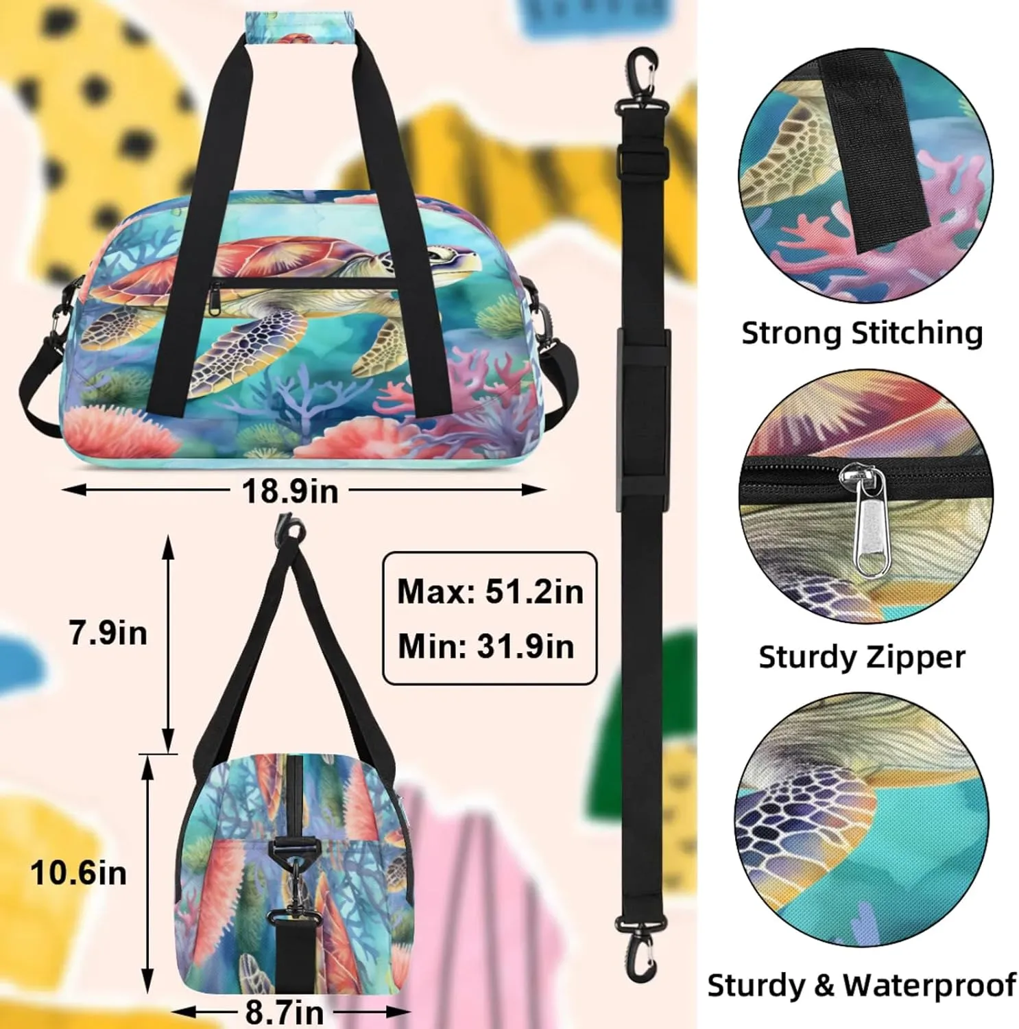 Sea Turtles Ocean Tortoise Small Gym Bag 18 inch Carry On Duffel Bag for Weekender Travel Sports Workout Yoga Gymnastics Dance Ballet