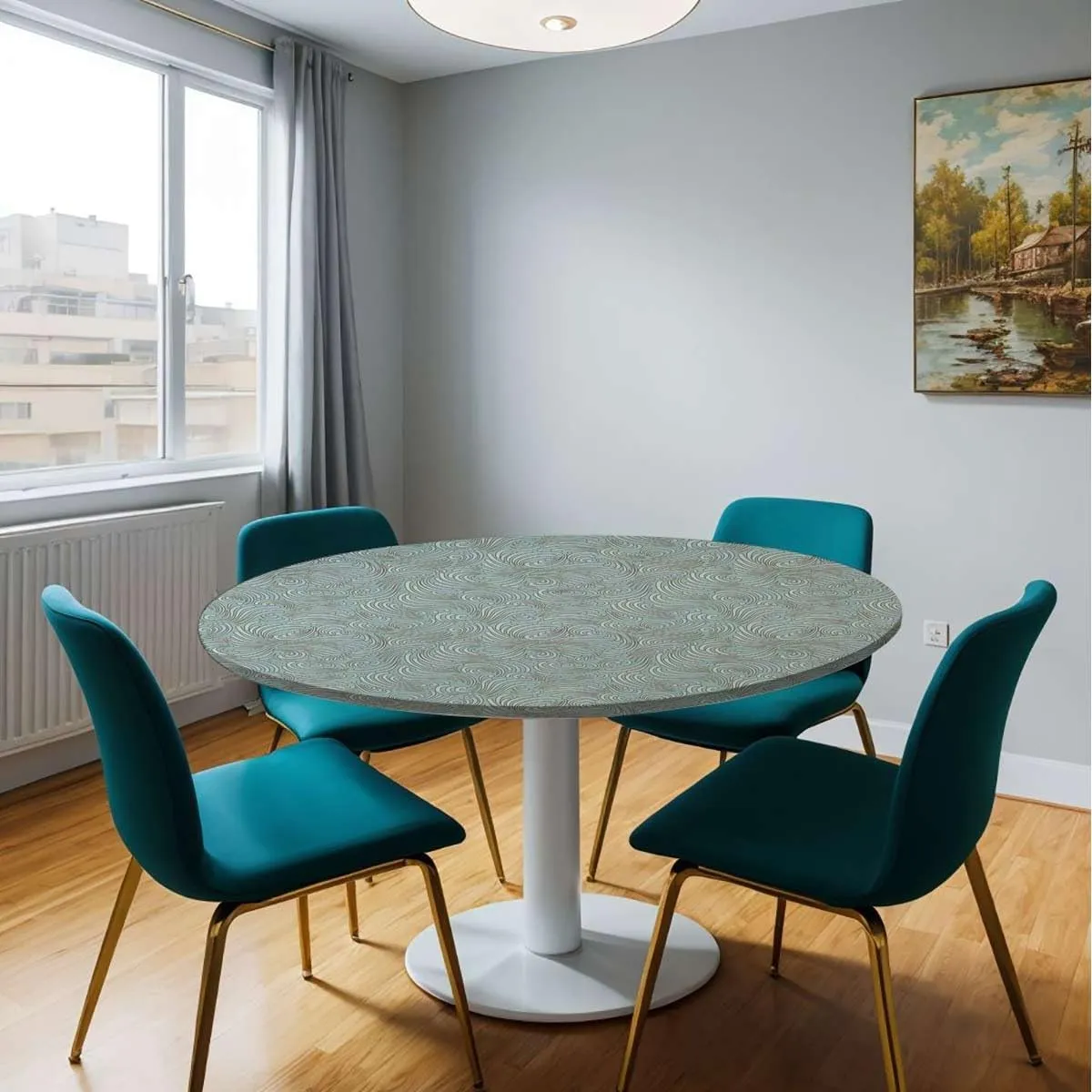 Seafoam White Round Fitted Tablecloth Abstract Victorian Style Floral Leaves Proof Table Cloth Wipe Clean Table Cover for Indoor and Outdoor Aqua Fit for 44"-47" Table