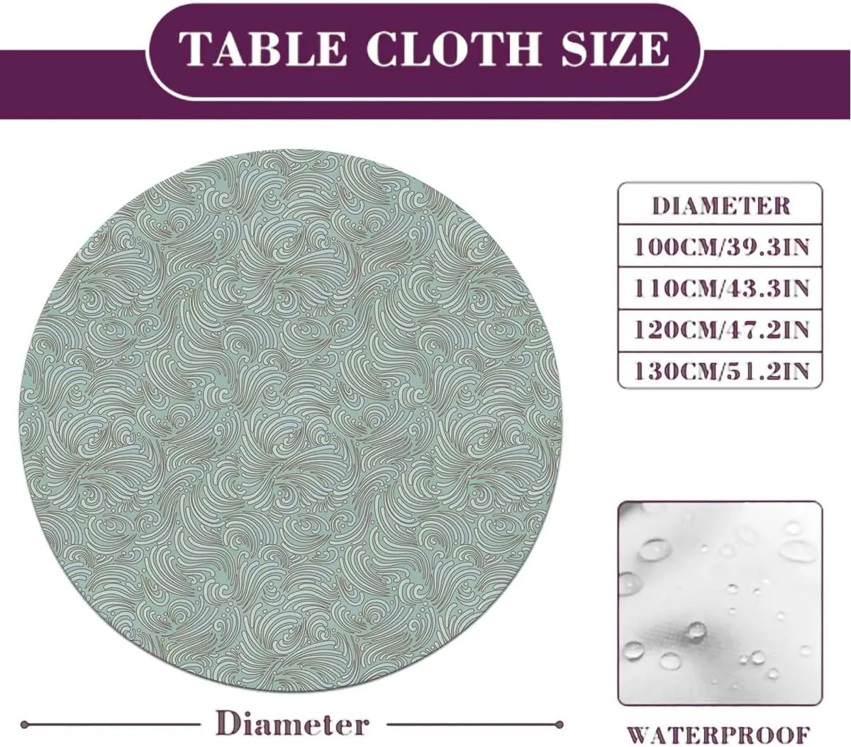 Seafoam White Round Fitted Tablecloth Abstract Victorian Style Floral Leaves Proof Table Cloth Wipe Clean Table Cover for Indoor and Outdoor Aqua Fit for 44"-47" Table