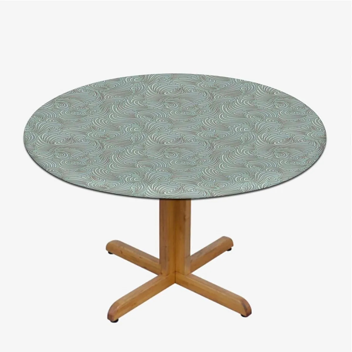 Seafoam White Round Fitted Tablecloth Abstract Victorian Style Floral Leaves Proof Table Cloth Wipe Clean Table Cover for Indoor and Outdoor Aqua Fit for 44"-47" Table