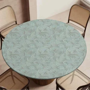 Seafoam White Round Fitted Tablecloth Abstract Victorian Style Floral Leaves Proof Table Cloth Wipe Clean Table Cover for Indoor and Outdoor Aqua Fit for 44"-47" Table