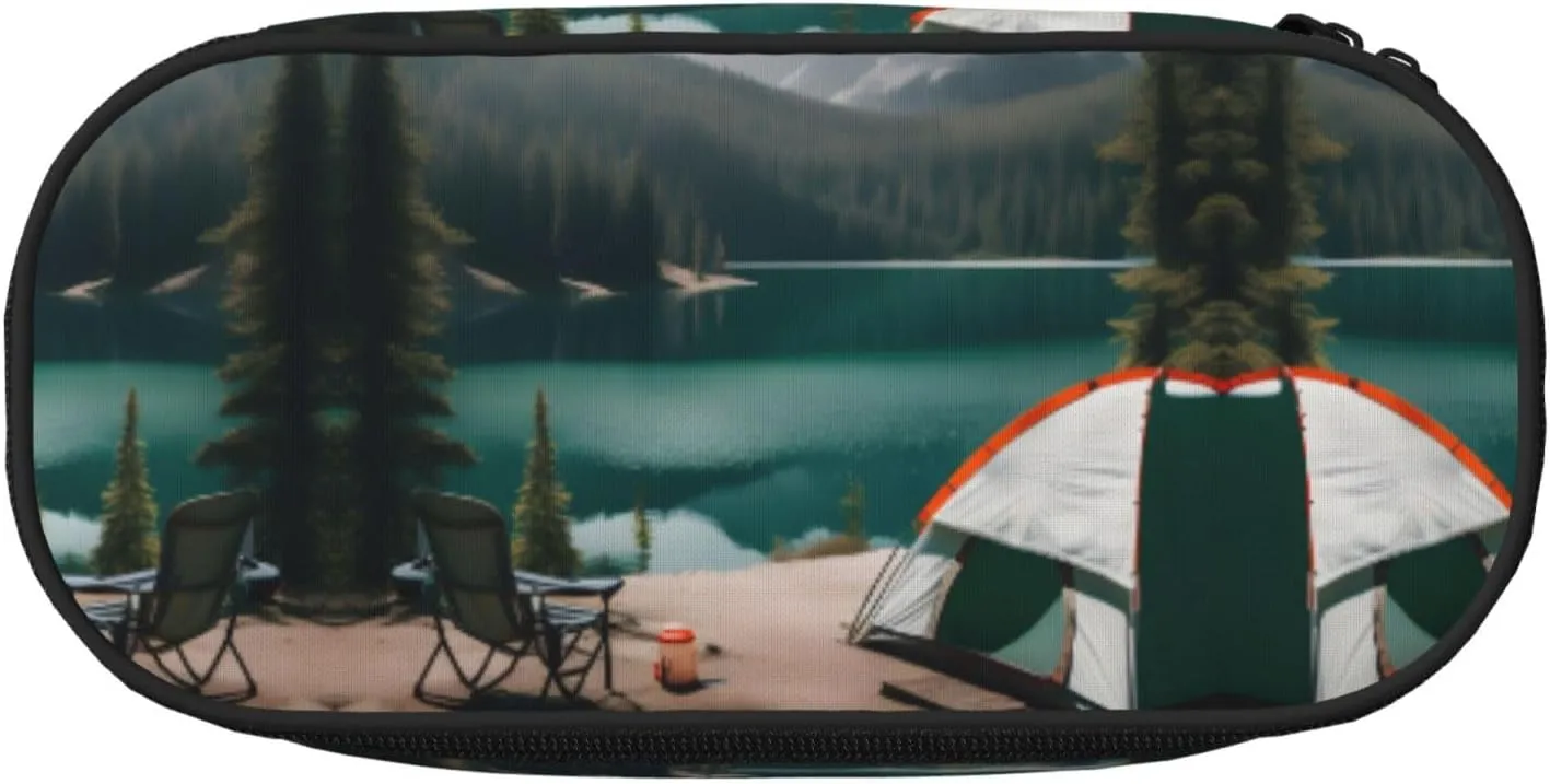Serenity Lake Camping Print Travel Friendly Pen Pouch Pencil Bag Zipper Stationery Makeup Tool Office Supplies