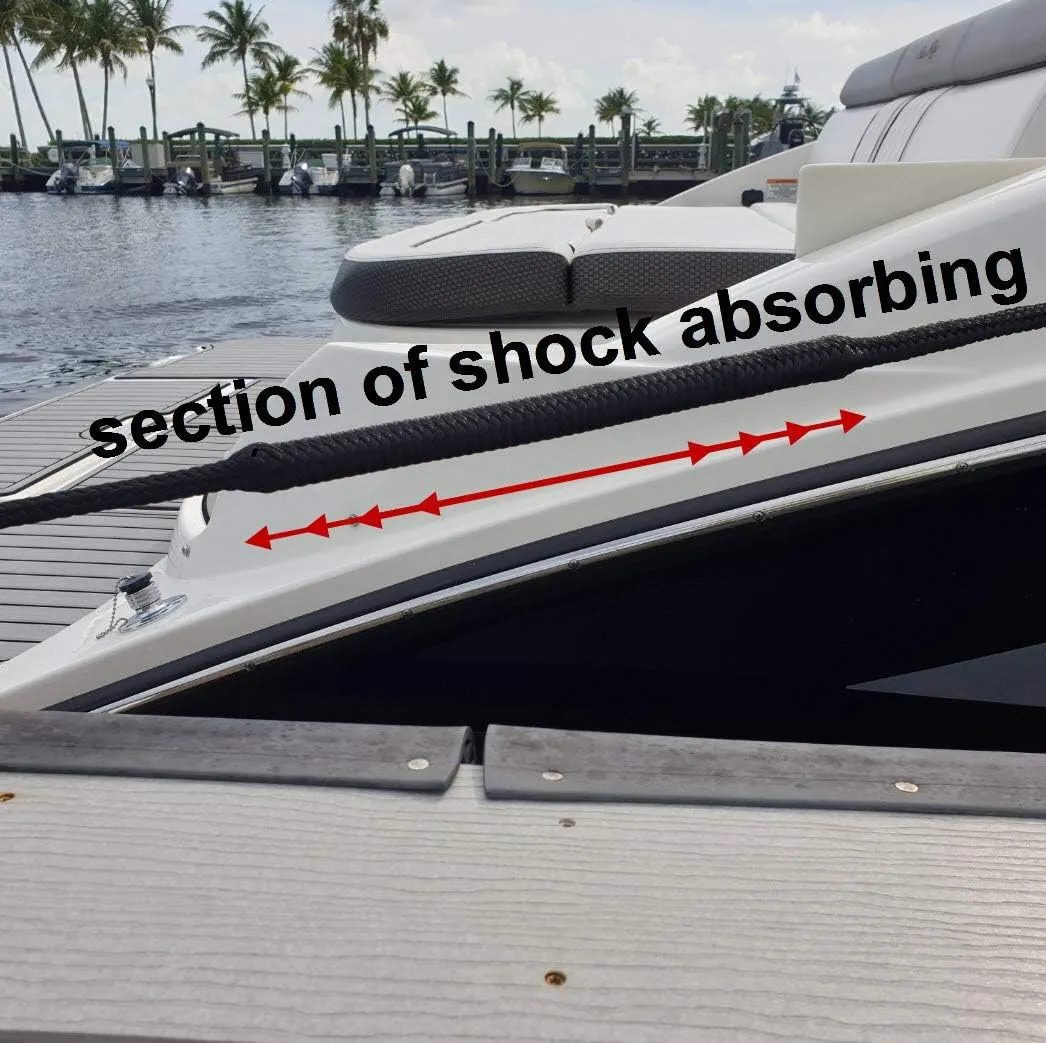 Shockline 3/4 Inch Dock Line with Integrated Shock Absorber, Double Braided, Polyester, 15, 25, 35, 50 FT, Hand Spliced 12" Eye, Black