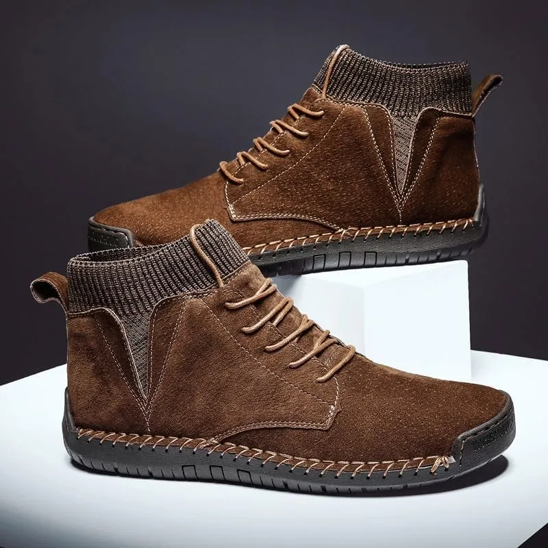 Shoes Men's Fashionable Lace-up Stitching Leather Boots High-top Round-toe Flat-soled Oxford Shoes for Travel Driving Men Casual Soft-soled Shoes