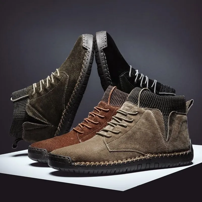 Shoes Men's Fashionable Lace-up Stitching Leather Boots High-top Round-toe Flat-soled Oxford Shoes for Travel Driving Men Casual Soft-soled Shoes