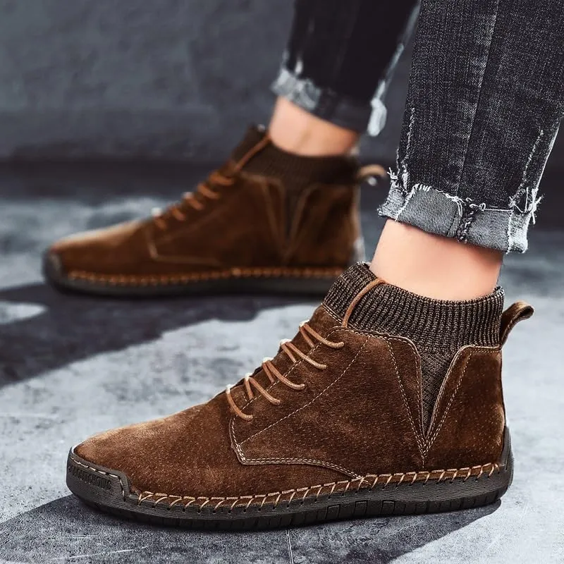 Shoes Men's Fashionable Lace-up Stitching Leather Boots High-top Round-toe Flat-soled Oxford Shoes for Travel Driving Men Casual Soft-soled Shoes