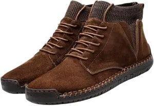 Shoes Men's Fashionable Lace-up Stitching Leather Boots High-top Round-toe Flat-soled Oxford Shoes for Travel Driving Men Casual Soft-soled Shoes