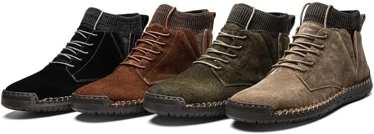 Shoes Men's Fashionable Lace-up Stitching Leather Boots High-top Round-toe Flat-soled Oxford Shoes for Travel Driving Men Casual Soft-soled Shoes