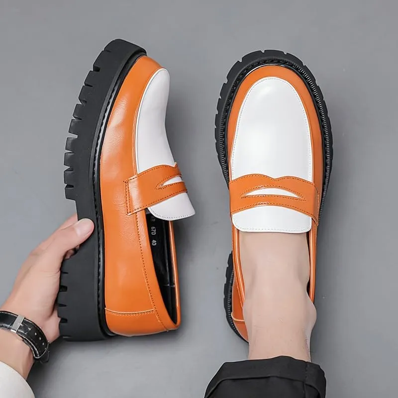 Shoes Men's Retro Thick-Soled Slip-on Loafers Fashionable Round-Toe Spliced ​​Oxford Shoes for Travel Shopping Driving Men Versatile Casual Shoes