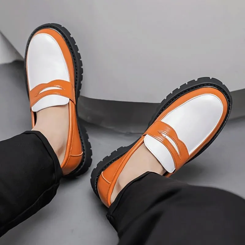 Shoes Men's Retro Thick-Soled Slip-on Loafers Fashionable Round-Toe Spliced ​​Oxford Shoes for Travel Shopping Driving Men Versatile Casual Shoes