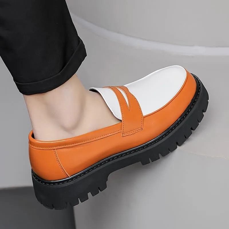 Shoes Men's Retro Thick-Soled Slip-on Loafers Fashionable Round-Toe Spliced ​​Oxford Shoes for Travel Shopping Driving Men Versatile Casual Shoes