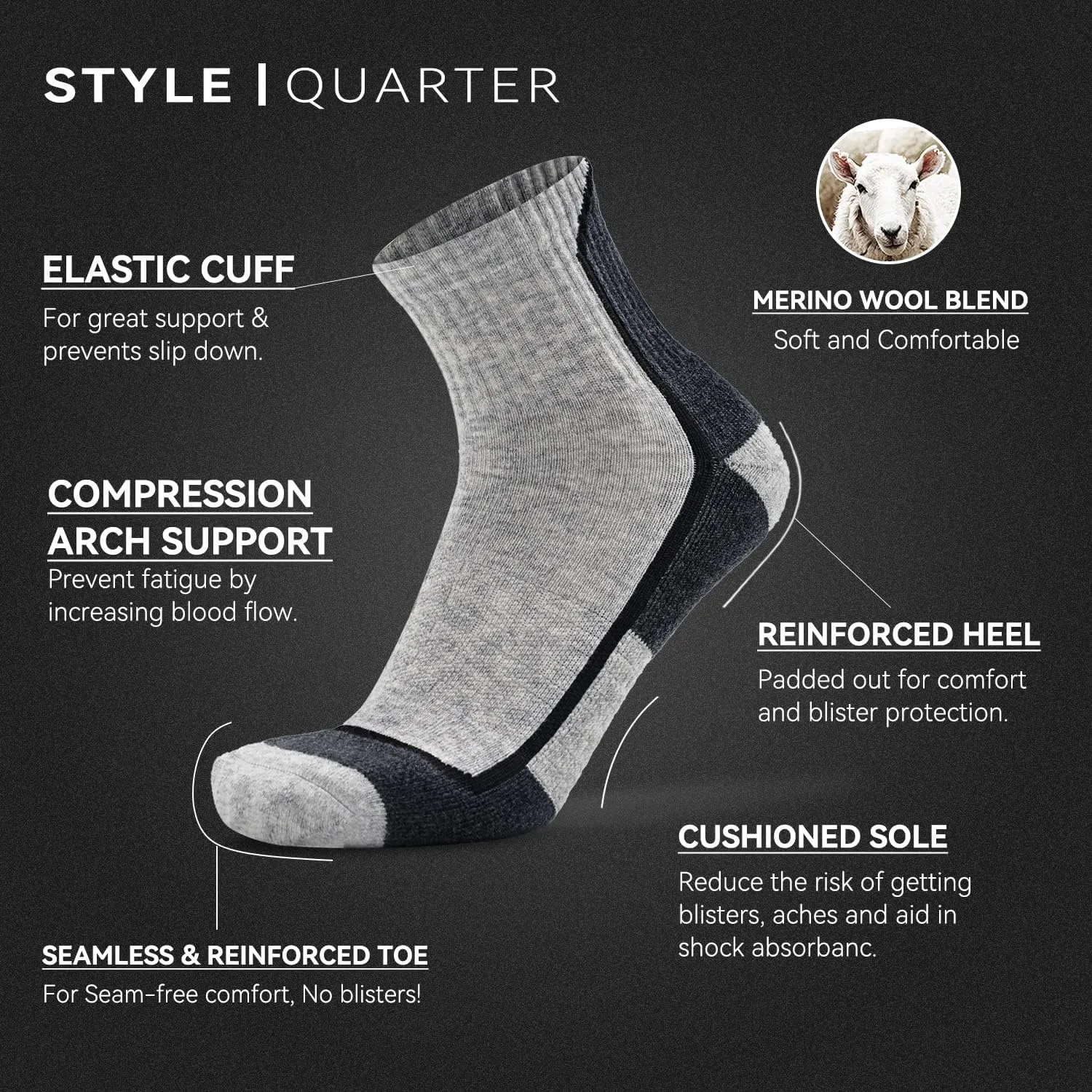 Socks Daze Merino Wool Blend Ankle Running Hiking Socks for Men Women Athletic Cushioned Quarter Walking Basketball Socks