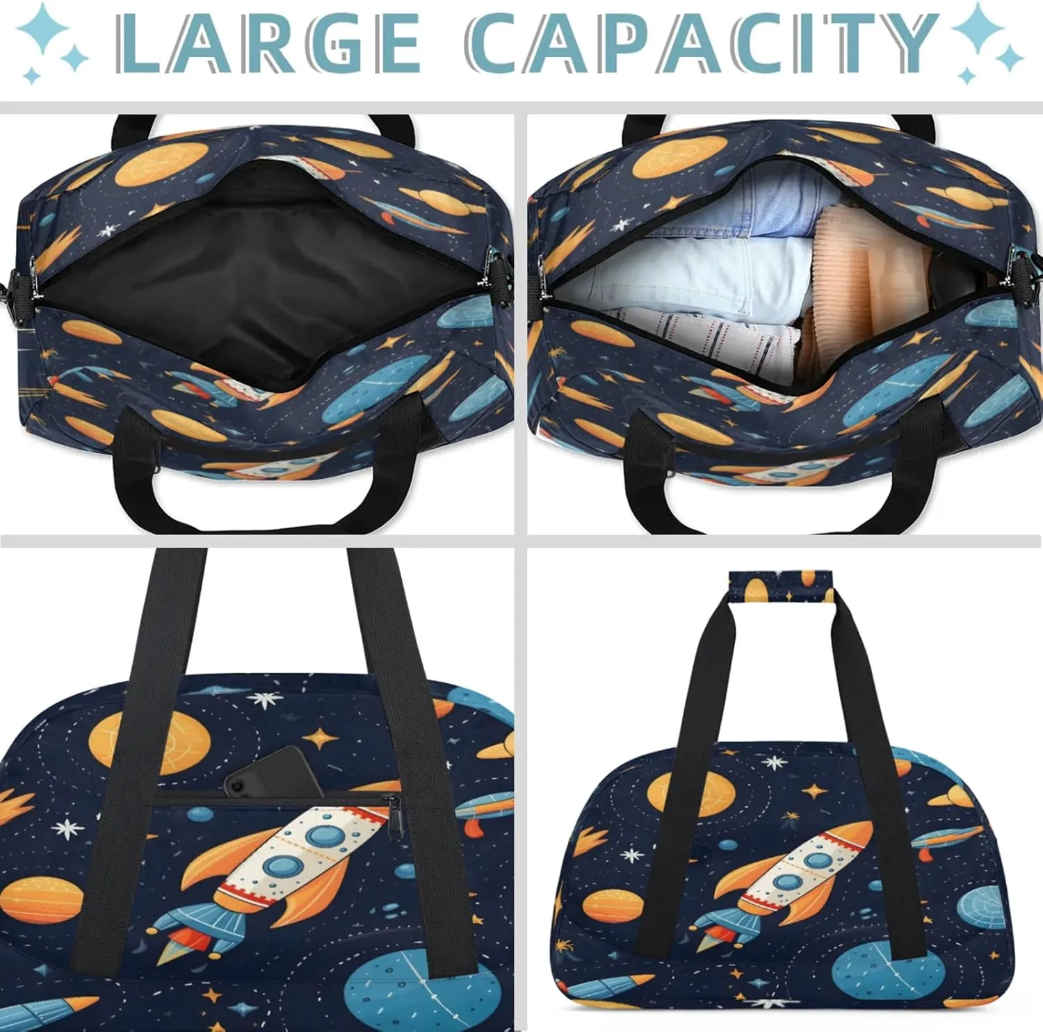 Space Ship Rocket Galaxy Theme Small Gym Bag 18 inch Carry On Duffel Bag for Weekender Travel Sports Workout Yoga Gymnastics Dance Ballet