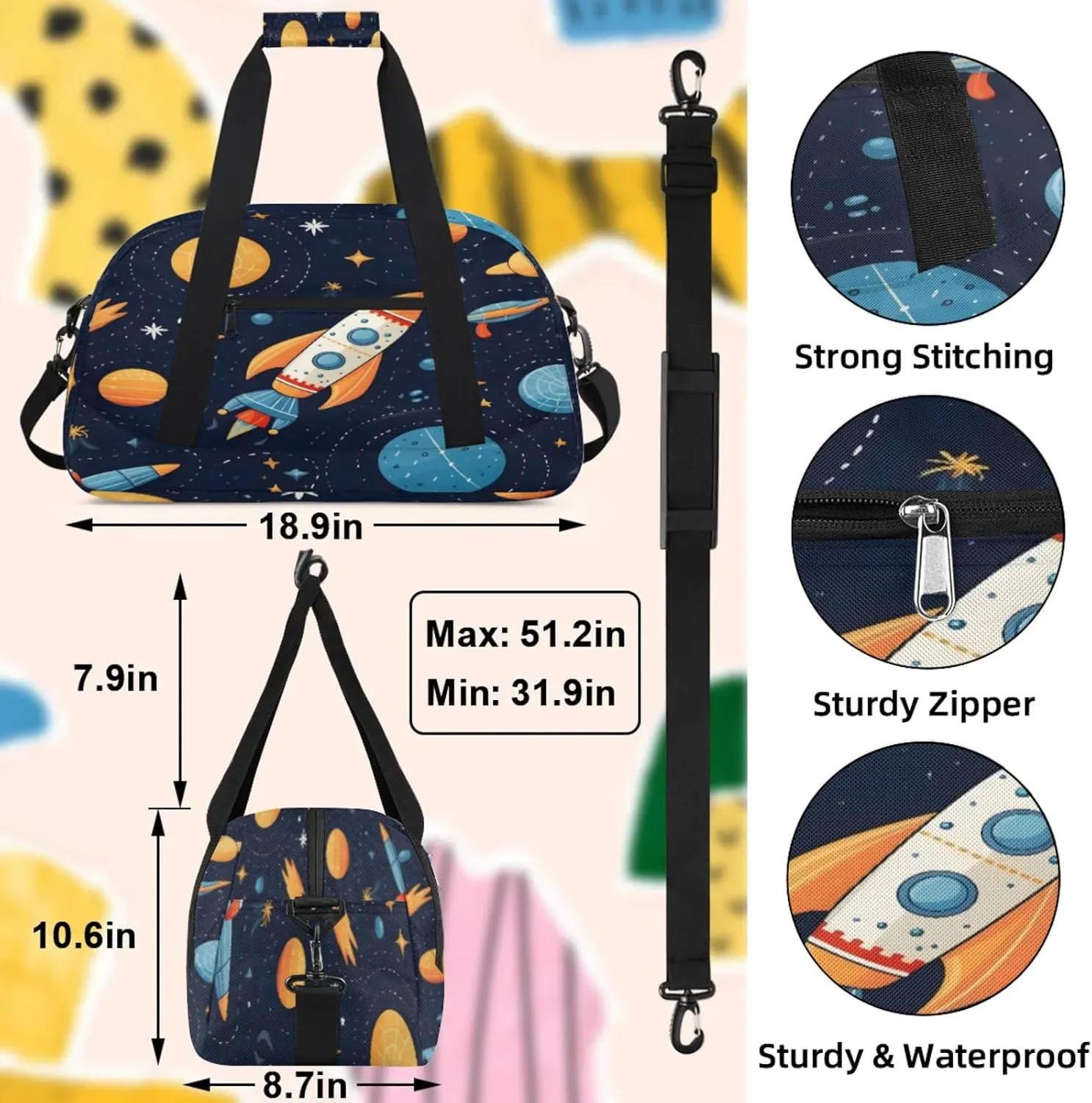Space Ship Rocket Galaxy Theme Small Gym Bag 18 inch Carry On Duffel Bag for Weekender Travel Sports Workout Yoga Gymnastics Dance Ballet