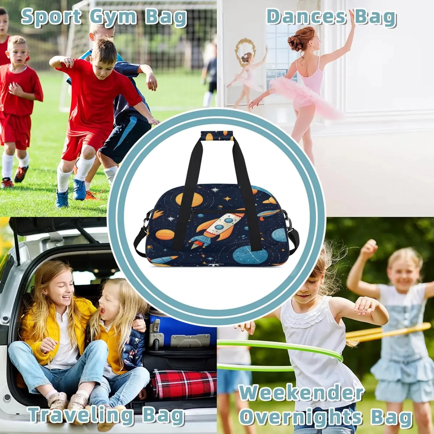 Space Ship Rocket Galaxy Theme Small Gym Bag 18 inch Carry On Duffel Bag for Weekender Travel Sports Workout Yoga Gymnastics Dance Ballet