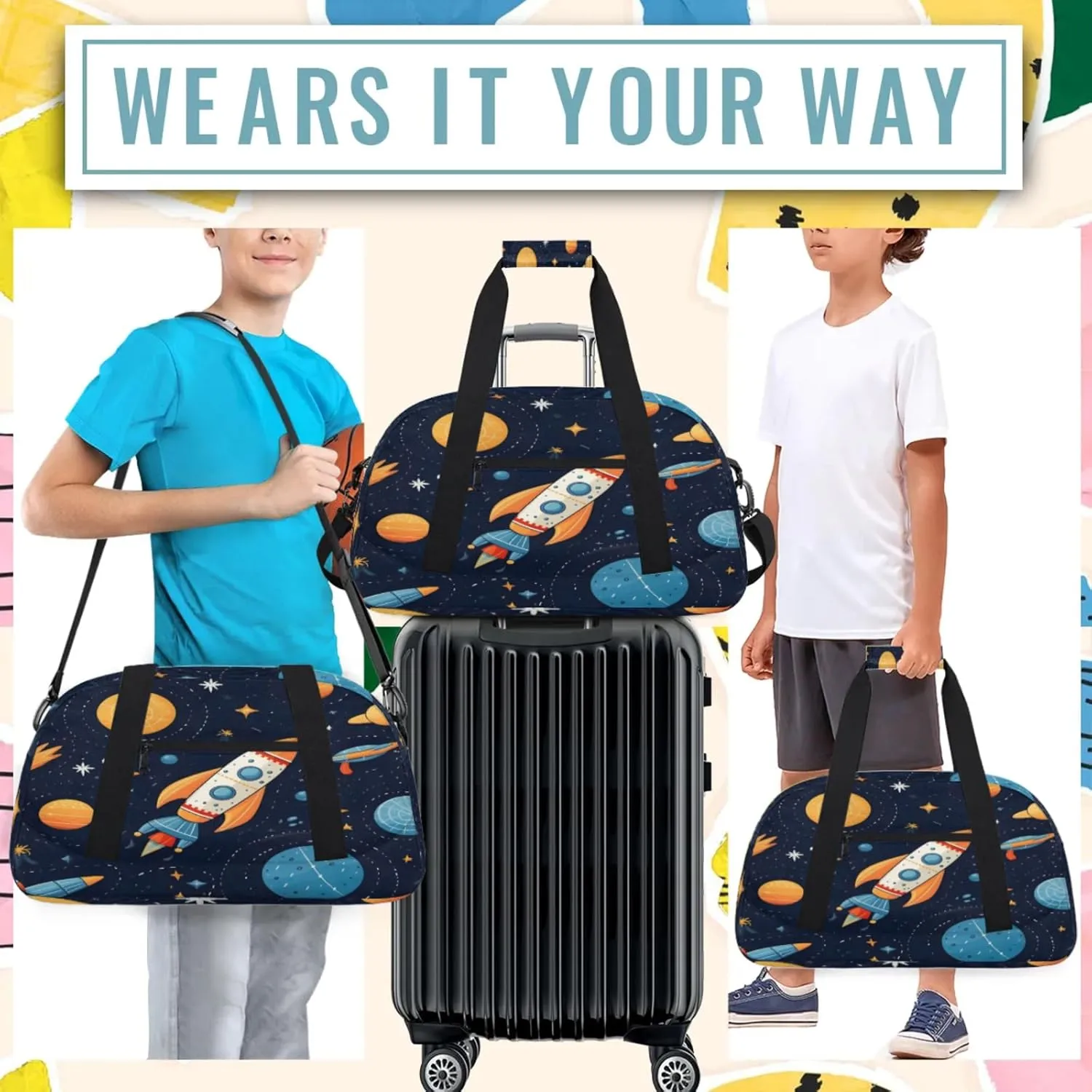 Space Ship Rocket Galaxy Theme Small Gym Bag 18 inch Carry On Duffel Bag for Weekender Travel Sports Workout Yoga Gymnastics Dance Ballet