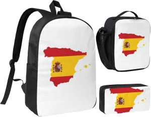 Spanish Flag Map print Backpack 3pcs Set Including 17 Inch Large BookBag With Lunch Bag And Practical Pen Bag