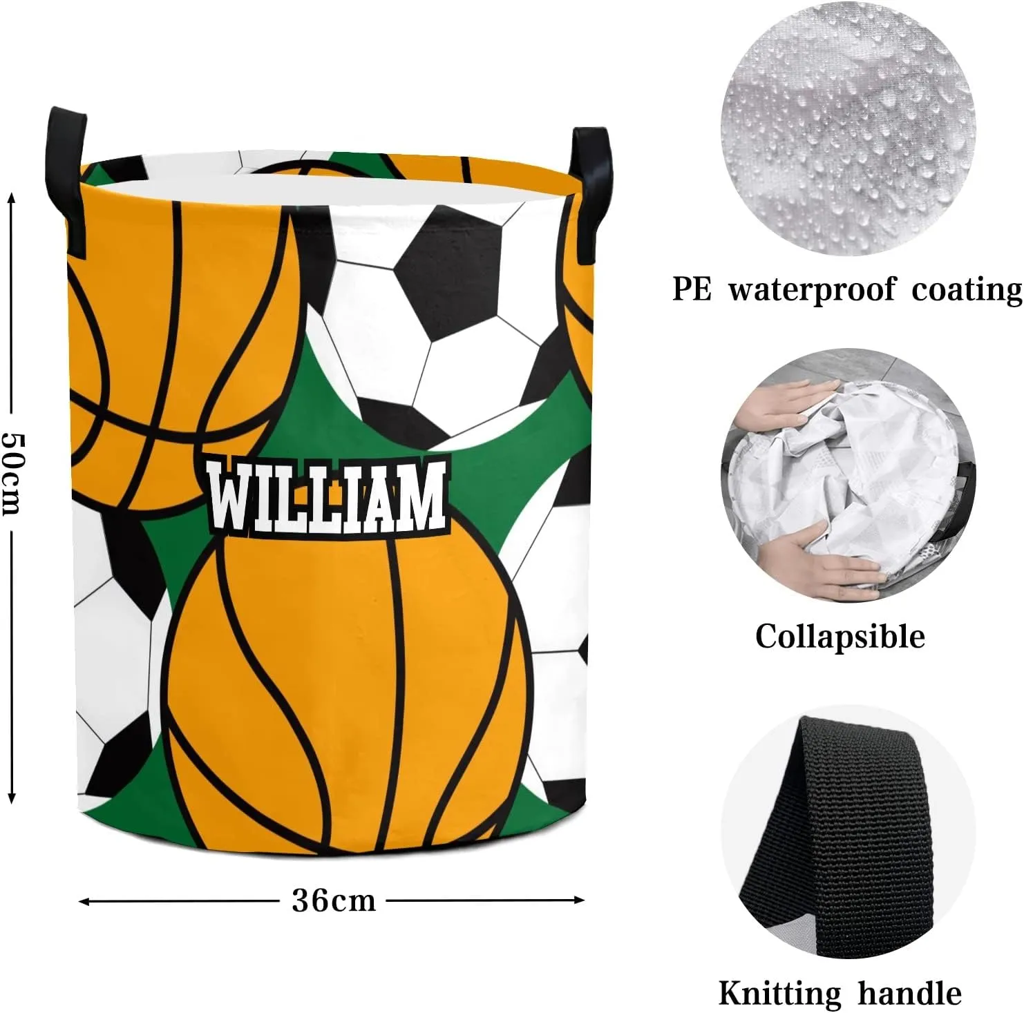 Sport Basketball Soccer Personalized Waterproof Foldable Laundry Basket Bag with Handle, Custom Collapsible Clothes Hamper Storage Bin for Toys Laundry Dorm Travel Bathroom
