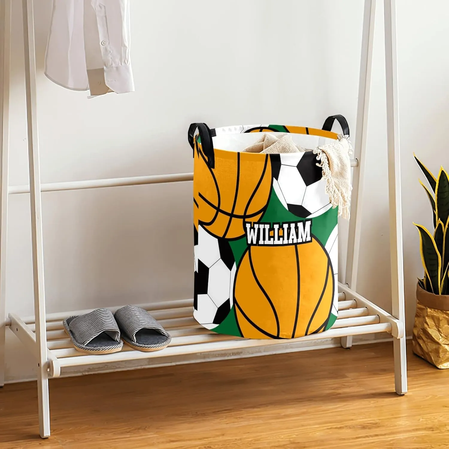 Sport Basketball Soccer Personalized Waterproof Foldable Laundry Basket Bag with Handle, Custom Collapsible Clothes Hamper Storage Bin for Toys Laundry Dorm Travel Bathroom