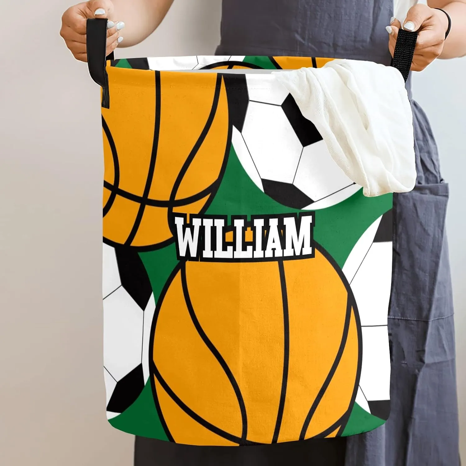 Sport Basketball Soccer Personalized Waterproof Foldable Laundry Basket Bag with Handle, Custom Collapsible Clothes Hamper Storage Bin for Toys Laundry Dorm Travel Bathroom
