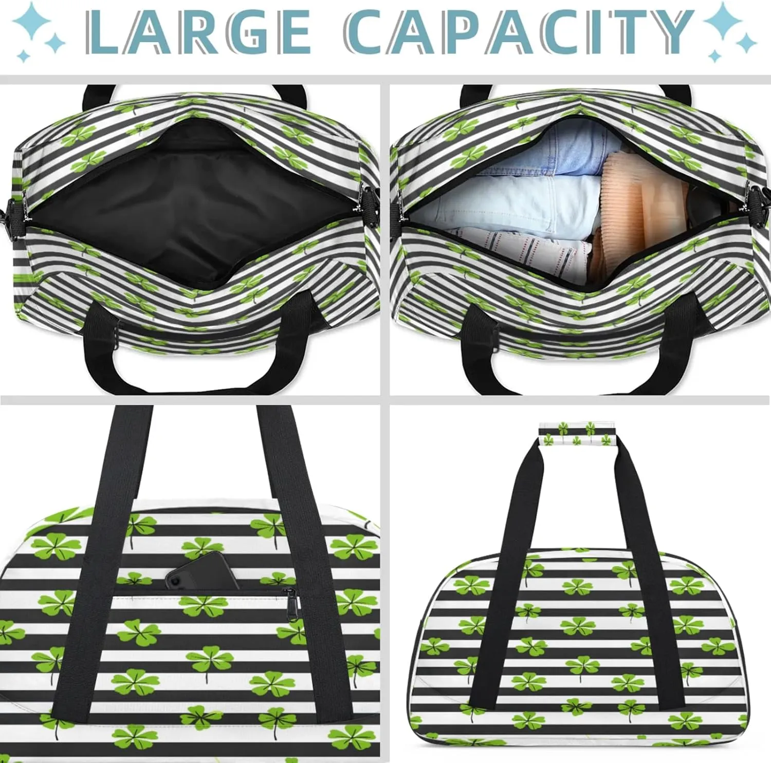 St. Patrick's Day Green Clover Leaf Irish Shamrock Small Gym Bag 18 inch Carry On Duffel Bag for Weekender Travel Sports Workout Yoga Gymnastics Dance Ballet