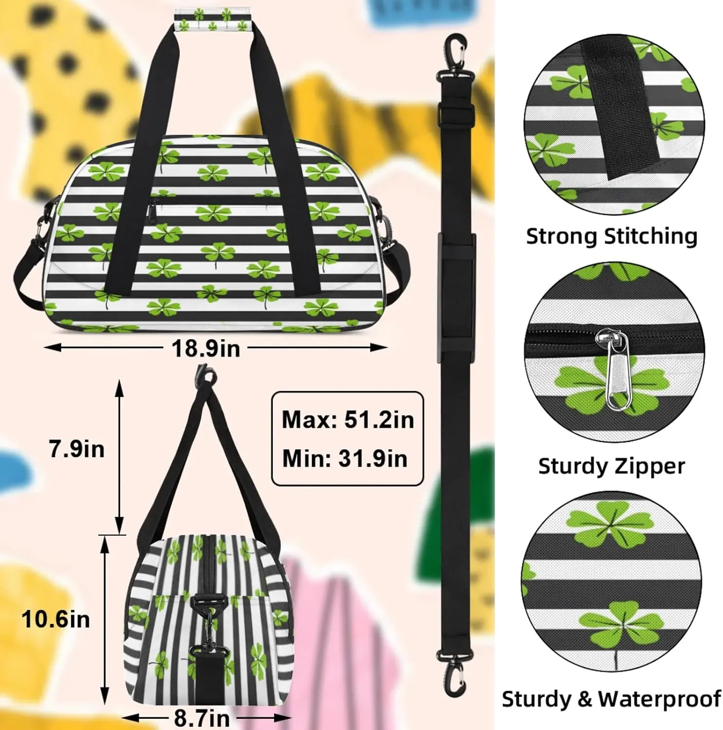 St. Patrick's Day Green Clover Leaf Irish Shamrock Small Gym Bag 18 inch Carry On Duffel Bag for Weekender Travel Sports Workout Yoga Gymnastics Dance Ballet