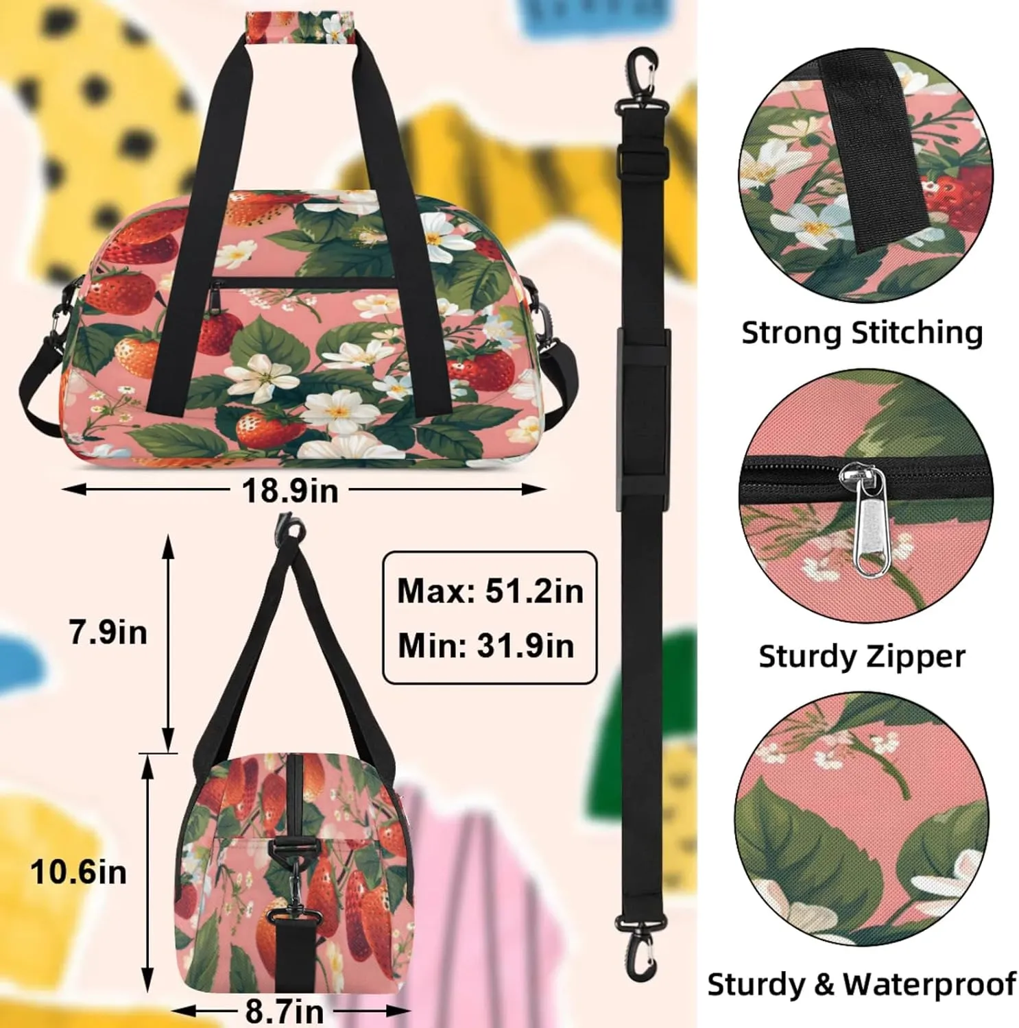 Strawberry Flower Small Gym Bag 18 inch Carry On Duffel Bag for Weekender Travel Sports Workout Yoga Gymnastics Dance Ballet