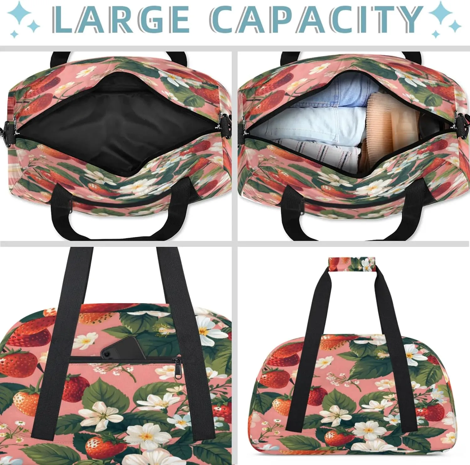 Strawberry Flower Small Gym Bag 18 inch Carry On Duffel Bag for Weekender Travel Sports Workout Yoga Gymnastics Dance Ballet