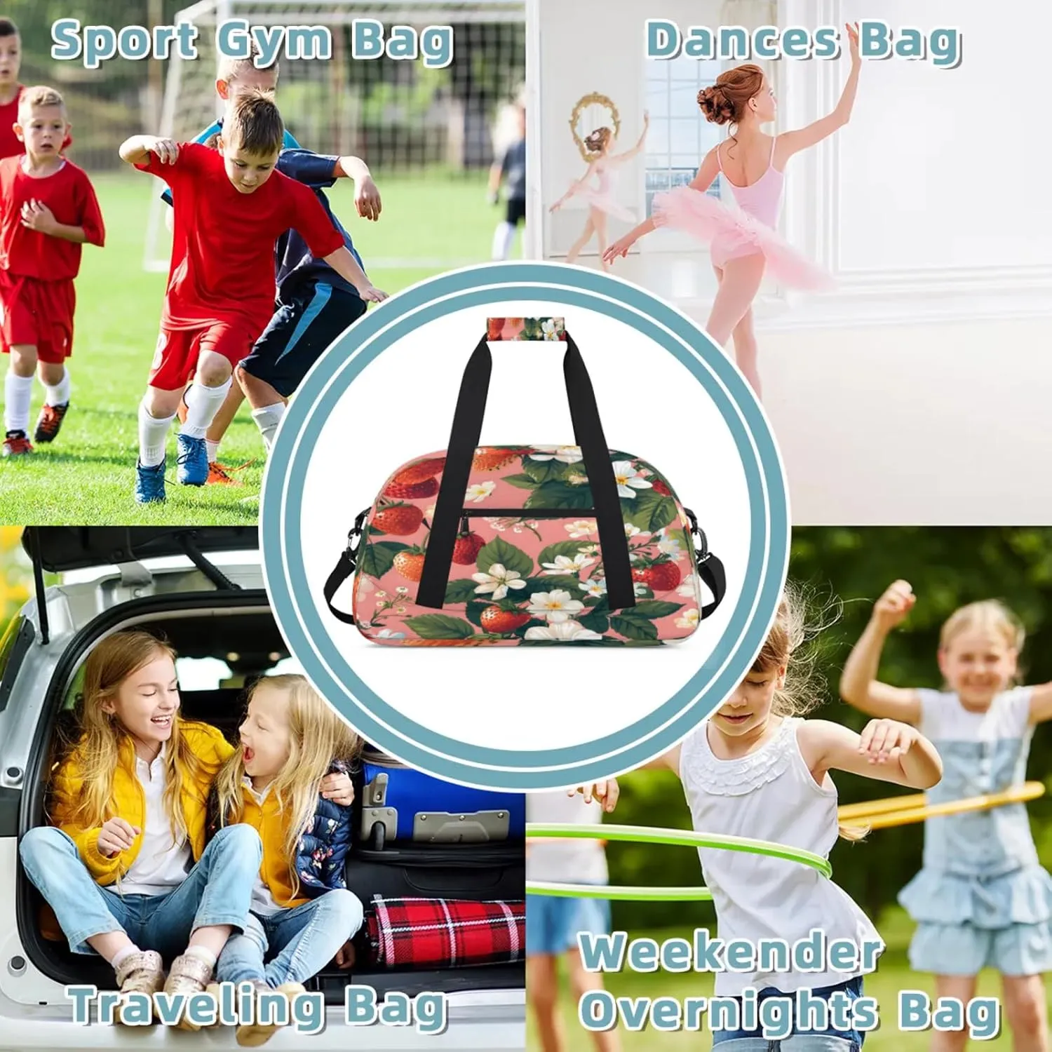 Strawberry Flower Small Gym Bag 18 inch Carry On Duffel Bag for Weekender Travel Sports Workout Yoga Gymnastics Dance Ballet