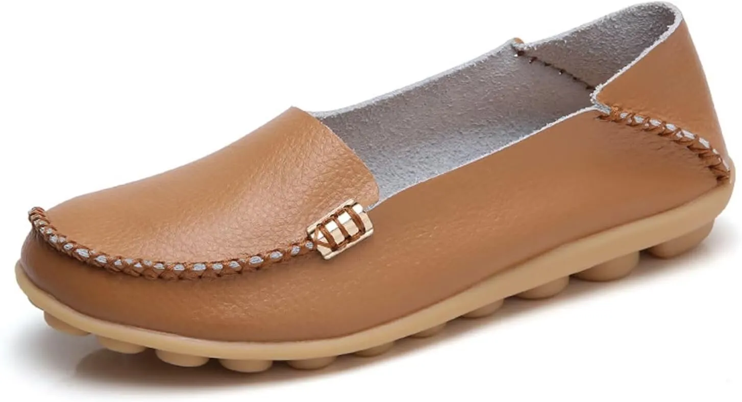 Sunporx Women's Driving Loafers Leather Comfortable Moccasins Breathable Slip On Nurse Loafer Round Toe Wild Walking Fashion Soft Shoes